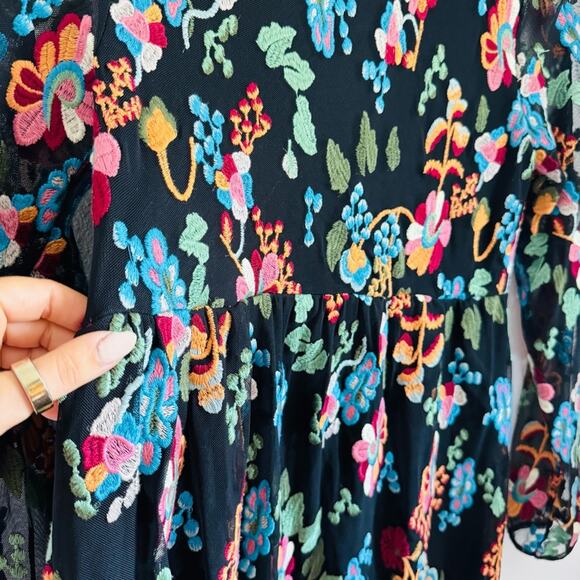 ANTHROPOLOGIE Black Sheer Mesh Floral Embroidery Overlay Sleeve Mini Dress S - Picture 12 of 14
